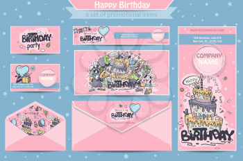 A set of banners, business cards, postcards, envelopes for birthday
