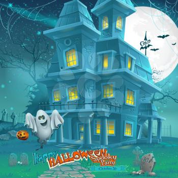Cartoon night a mysterious haunted house in the moonlight
