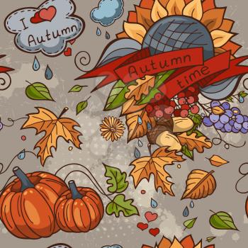 Colored contour seamless texture autumn theme with isolated elements