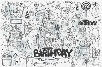 A large set of hand-drawn doodles to birthday. Birthday cake, balloons, rockets, gifts.