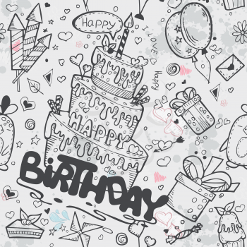 Seamless texture of the birthday with a birthday cake, balloons, rockets, cartoon characters