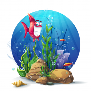 Illustration of underwater rocks with seaweed and fish fun