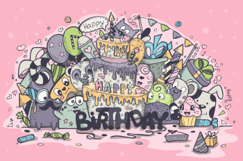 Illustration of greeting card to the birthday of the colored doodles. Set 2