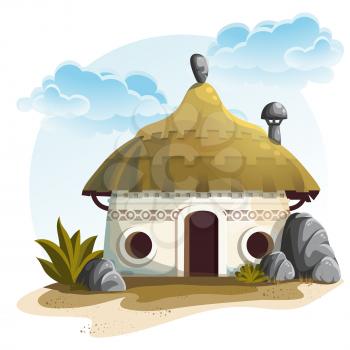 Illustration House with cactus and rocks under cloudy sky