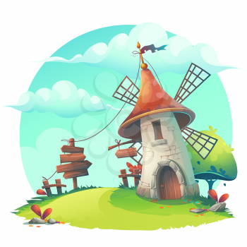 Vector cartoon illustration - background with a windmill, hedge, fence, paling, tree, flower, rocks, rope, stick, lingerie, grass.
