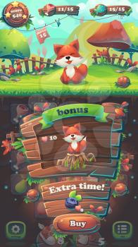 Feed the fox GUI match 3 bonus window - cartoon stylized vector illustration mobile format  with options buttons, game items.