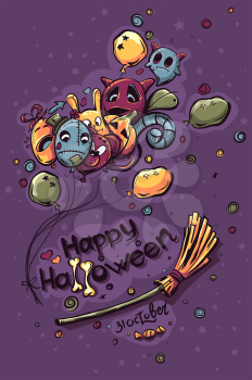Colored hand-drawn Halloween doodles - Ghost with the balls on a broomstick