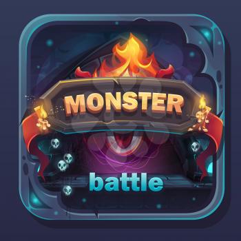 Monster battle GUI icon - cartoon stylized vector illustration with text button, game name.
