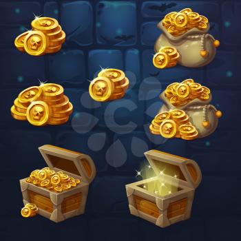 Set of wooden chests with coins for the game UI. Vector cartoon illustration of a bunch of mountains of gold coins on the background of dark brick. Full, empty chest, bag with coins.