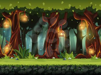 Vector cartoon illustration of the fairy forest for the game UI. . For print, create videos or web graphic design, user interface, card, poster.