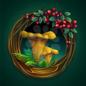 Vector cartoon illustration wreath of vines and leaves on a green background with mushroom chanterelle
