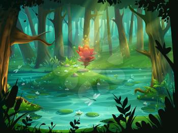 Vector cartoon illustration the Scarlet Flower on an island in a swamp in the forest. Background for design game, websites and mobile phones, printing.