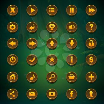 Set buttons for game user interface on green background. Vector illustration images to the computer game Shadowy forest GUI to create buttons, banners, graphic elements.