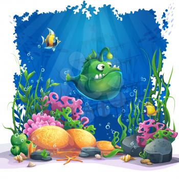 Beautiful cartoon funny green fish, coral and colorful reefs and algae on sand. Vector illustration of sea landscape.
