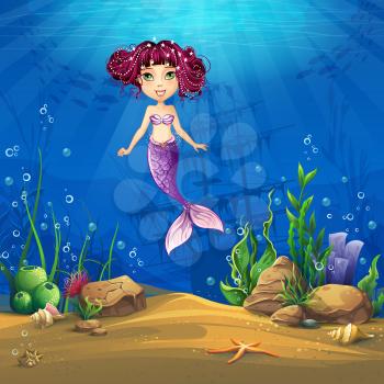 Undersea world with brunette mermaid. Marine Life Landscape - the ocean and the underwater world with different inhabitants. For design websites and mobile phones, printing.