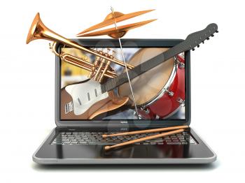 Digital music composer concept. Laptop and musical instruments. Guitar, drums and trumpet. 3d