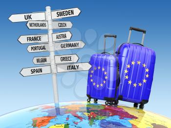 Travel concept. Suitcases and signpost what to visit in Europe. 3d