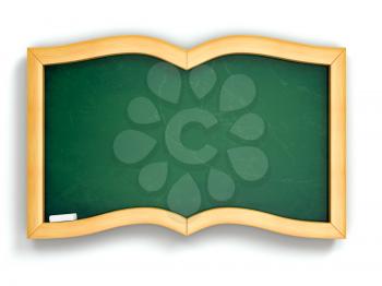 Education concept. Green blackboard in book shape. 3d