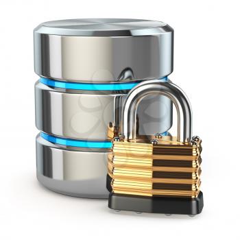 Database storage security concept. Disk with lock isolated on white, 3d