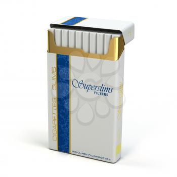 Pack of slim cigarettes on white isolated background. 3d