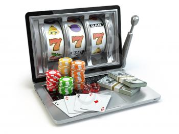 Casino online concept, gambling. Laptop slot machine with dice, cards and packs of dollar. 3d
