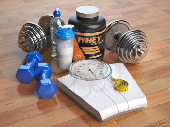 Fitness, bodybuilding or weight loss concept. Weight scales, dumbbells whey protein powder with shaker. Healthy lifestyle. 3d