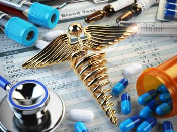 Healthcare medical concept. Pills, capsules, stethoscope, syringe and caduceus sign on the blood test results. 3d illustration