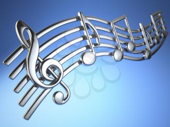 Silver music notes and treble clef on musical strings on blue background. 3d illustration