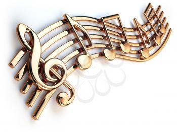 Golden music notes and treble clef on musical strings isolated on white. 3d illustration