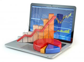 Stock market online business concept. Graph and diagram on laptop keyboard with stock market chart on the screen. 3d illustration