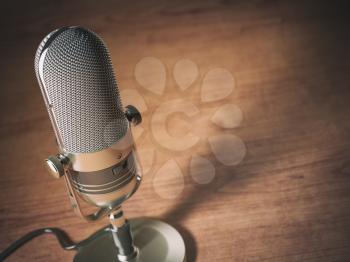 Retro microphone on the table with space for text. Vintage style background. 3d illustration