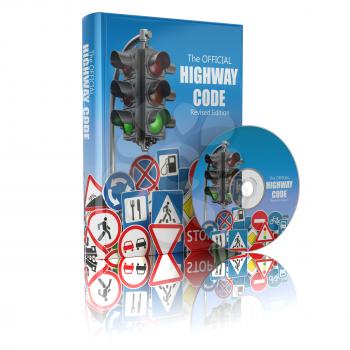 Highway code book and disk.  Book of traffic rules and law with traffic road sign and traffic light. Preparation for exam or driving  test concept. 3d illustration
