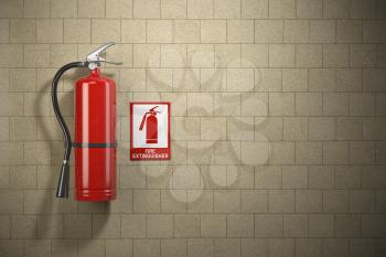Fire extinguisher with emergency fire sign on the wall background. 3d illustration