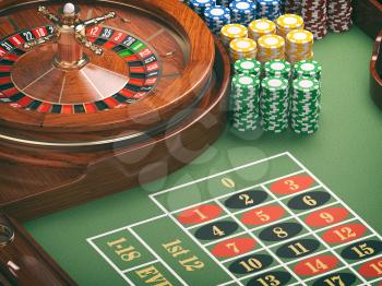 Gambling or casino background concept. Casino roulette wheel with casino chips on green table. 3d illustration