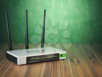 Wi-Fi wireless internet router on the wooden table and green background. 3d illustration