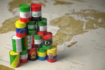 OPEC concept. Oil barrels in color of flags of countries memebers of OPEC on world political map background. 3d illustration