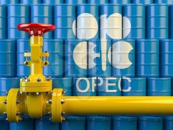Oil pipe line valve in front of the barrels with OPEC siymbol. 3d illustration