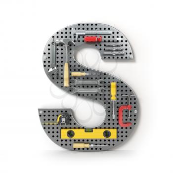 Letter S. Alphabet from the tools on the metal pegboard isolated on white.  3d illustration