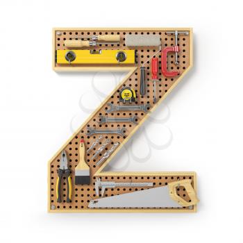 Letter Z. Alphabet from the tools on the metal pegboard isolated on white.  3d illustration