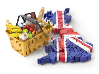 Market basket or consumer price index in UK Great Britain. Shopping basket with foods on the map of UK Great britain. 3d illustration