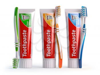 Toothpaste of different types and toothbrushes of different colors. 3d illustration