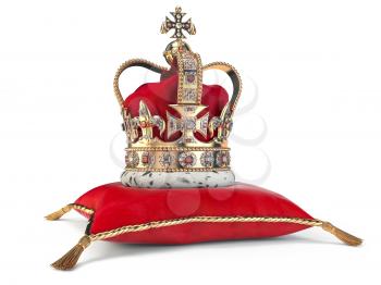 Golden crown on red velvet pillow for coronation. Royal symbol of british UK monarchy.  3d illustration