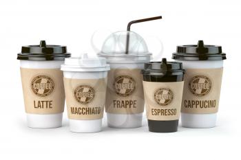 Differnt types of coffee such as latte, grappe, espresso and cappucino isolated on white background. Set of coffee paper cups. 3d illustration