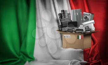 Household appliances made in Italy. Home kitchen technics in a cardboard box producted and delivered from Italy. 3d illustration