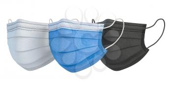Surgical medical masks of different colors isolated on white background. 3d illustration