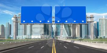 Blank road signs on a highway to city downtown with skyscrapers. 3d illustration