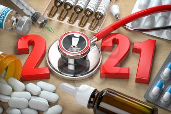 2021 Happy New Year. Health care, medicine and pharmacy concept.  Number 2021 with stethoscope and meds. 3d illustration