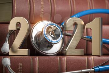2021 Happy New Year for health care medicine and pharmacy industry. Number 2021 with stethoscope on vintage books of medicine. 3d illustration.