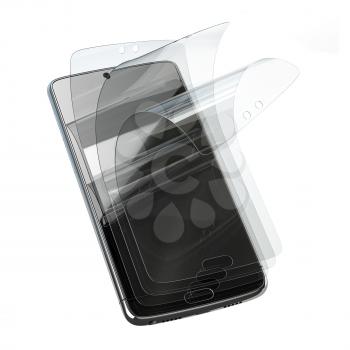 Smartphone screen protector glass or film cover. Transparent multi layered glass shield for mobile phone isolated on white. 3d illustration