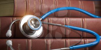 Stethoscope and medical books. Studying medicine and medical education concept. 3d illustration